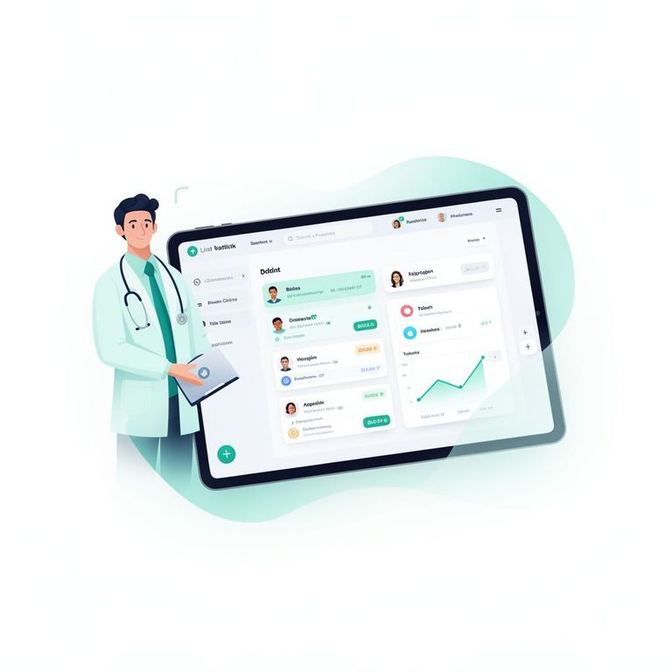 A doctor using Self Klinik cloud patient tracking software on a tablet